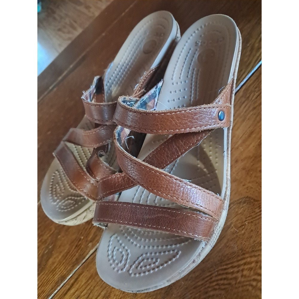 Crocs A Leigh Cork Wedge Sandals Womens 9W US Brown Strappy Slip On Open Toe